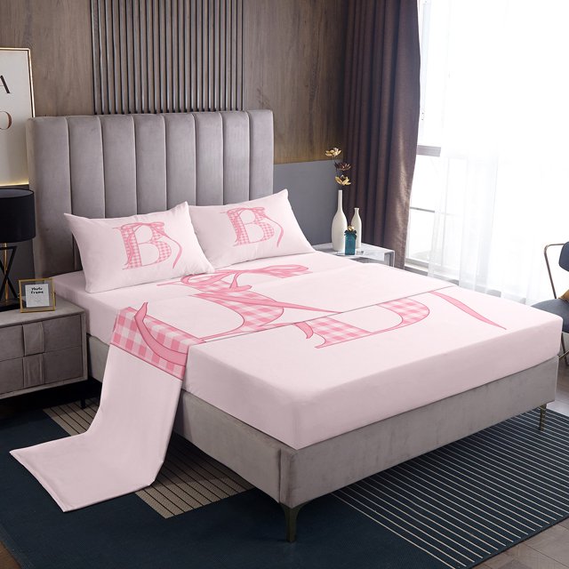Erosebridal Pink Bow Full Sheet Sets, Initial B Bedding Full Size, Princess Room Decor 4 Pieces