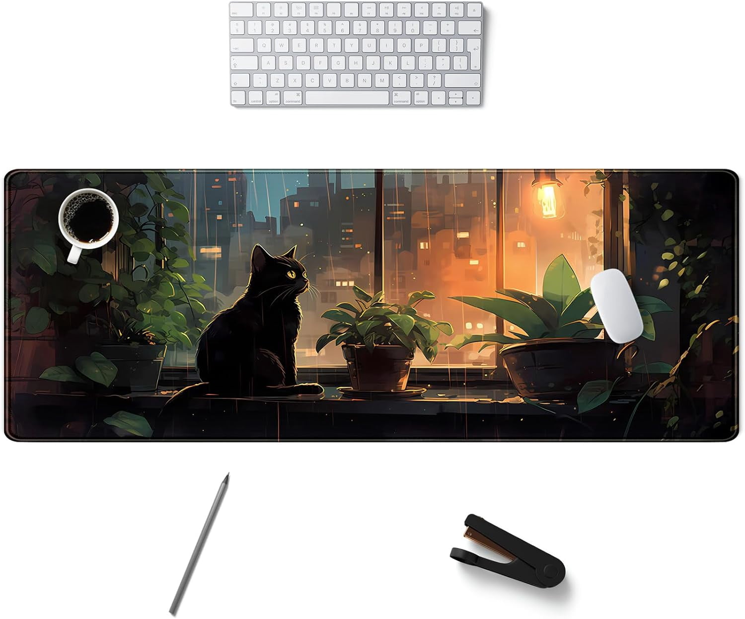 Black Cat Plants Desk Mat Large Gaming Mouse Pad 31.5''X11.8'' Extended Big Mousepad XL Cozy Lofi Desk Pad Cute Dark Academia Aesthetic Keyboard Mouse Mat Anime Office Decor Gift