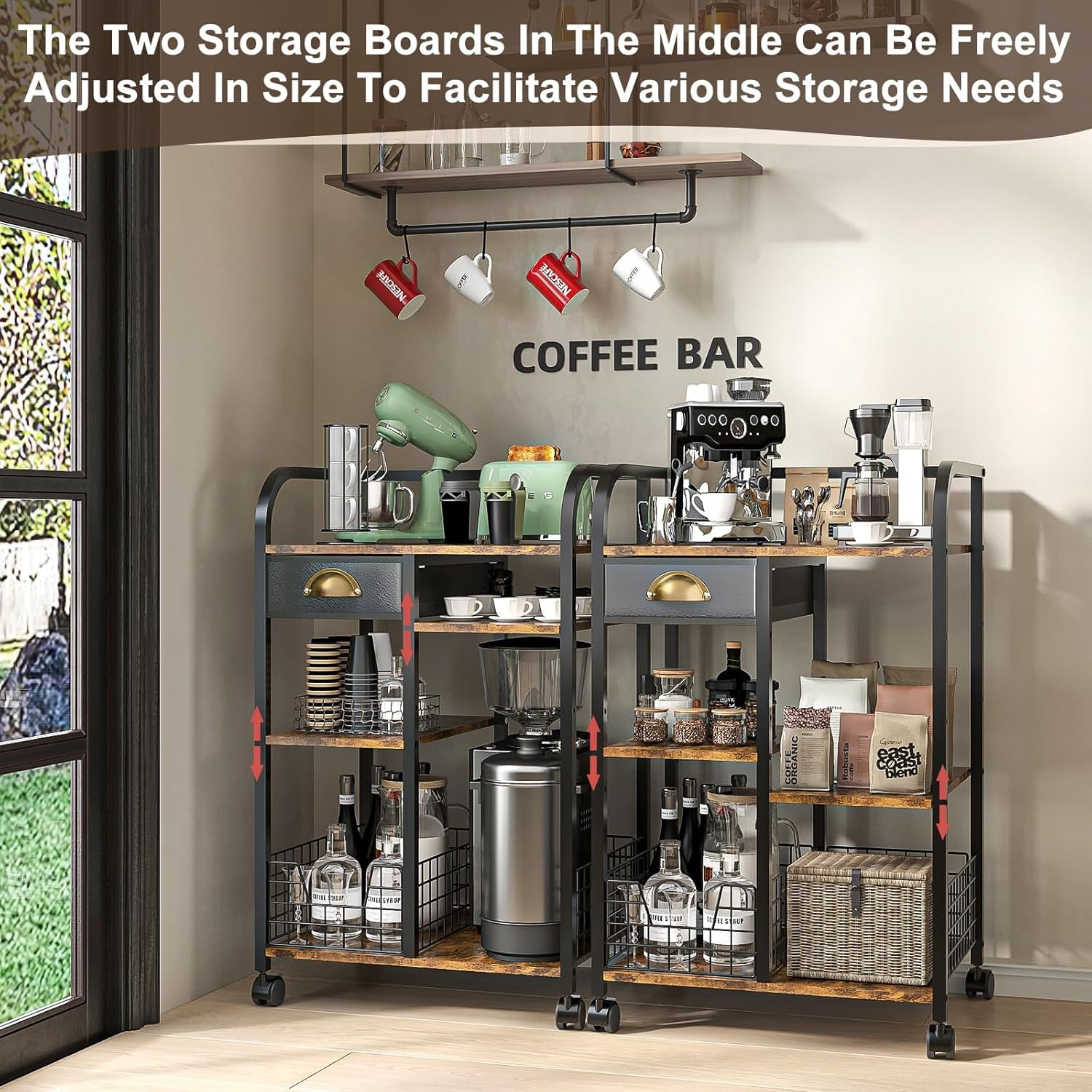 Microwave Cart with Storage, Kitchen Island Cart with Table Top & Drawer, 3 Tier Rolling Utility Cart with Adjustable 2 Storage Shelves, Coffee Bar Shelf for Kitchen/Dining/Living Room