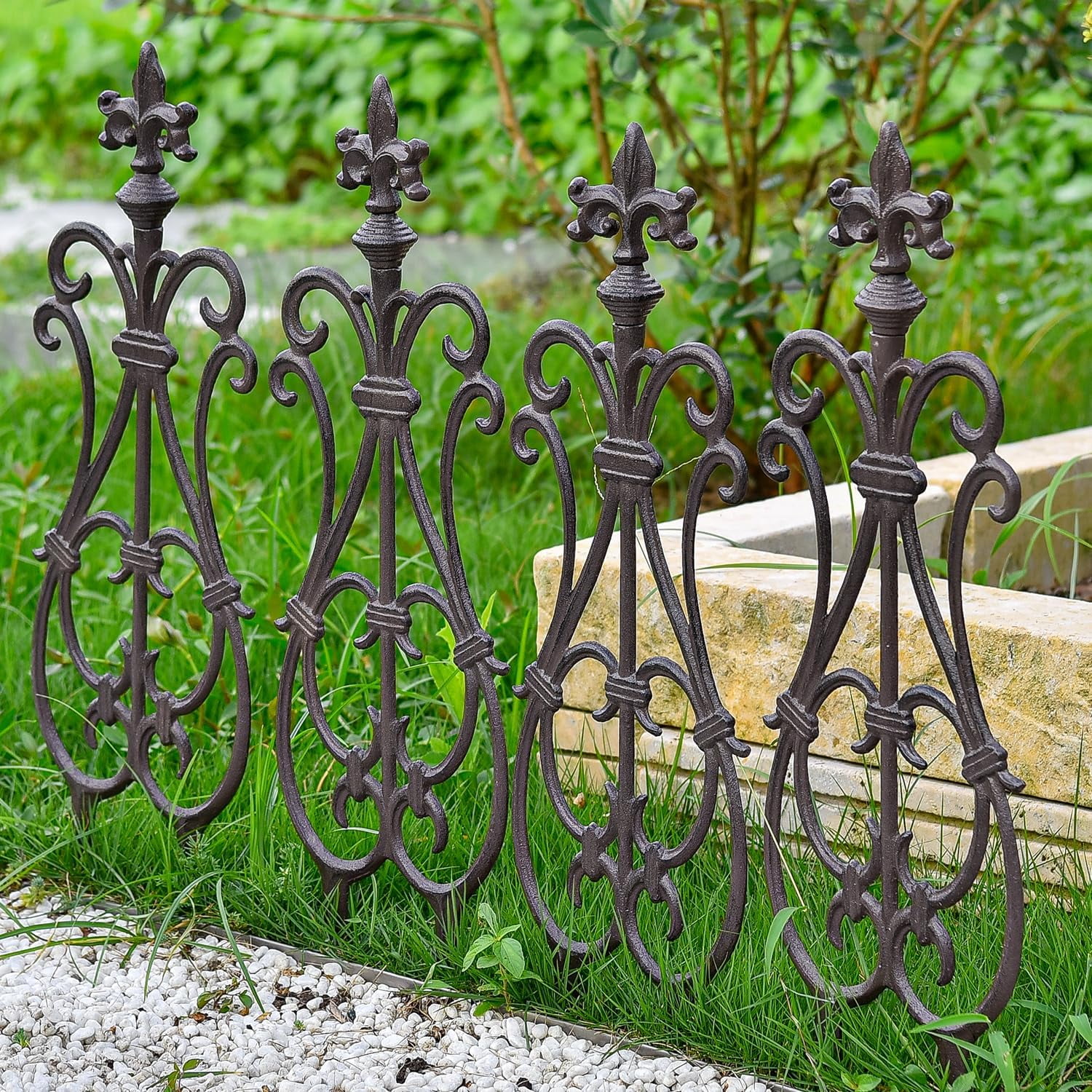 Sungmor Cast Iron Garden Edging Border, Flower Bed Landscape Picket Fence Panels, 28" x 7.6", 4 Count Brown
