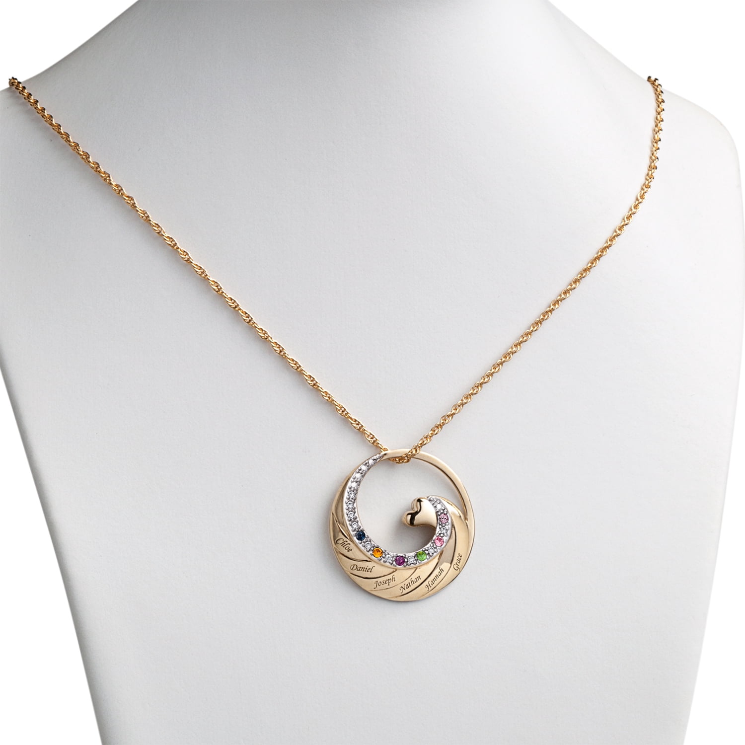 Family Jewelry Personalized Planet Mother's Gold-Plated or Rhodium-Plated Name and Birthstone Circle with Heart Necklace, 20" ,Women's