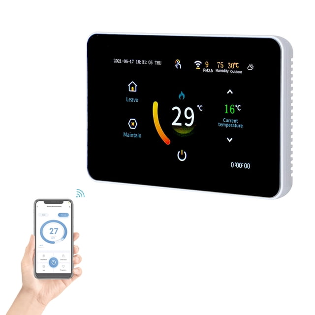 Wifi WiFi Smart Thermostat Programmable Thermostat 5+2/ 6+1/ 7 Days Schedule APP Remote Control Voice Control degrees Celsius /℉ PM2.5 Humidity Weather Display