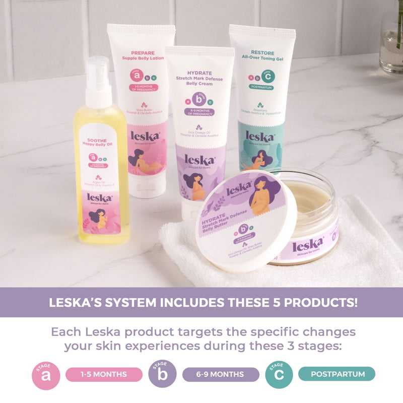 Leska Complete Maternity Set of 5 | Belly Lotion, Belly Oil, Stretch Mark Cream & Butter, Toning Gel | Pregnancy & Postpartum Skin Care System | New Mom Gift (4–4.93 oz each)