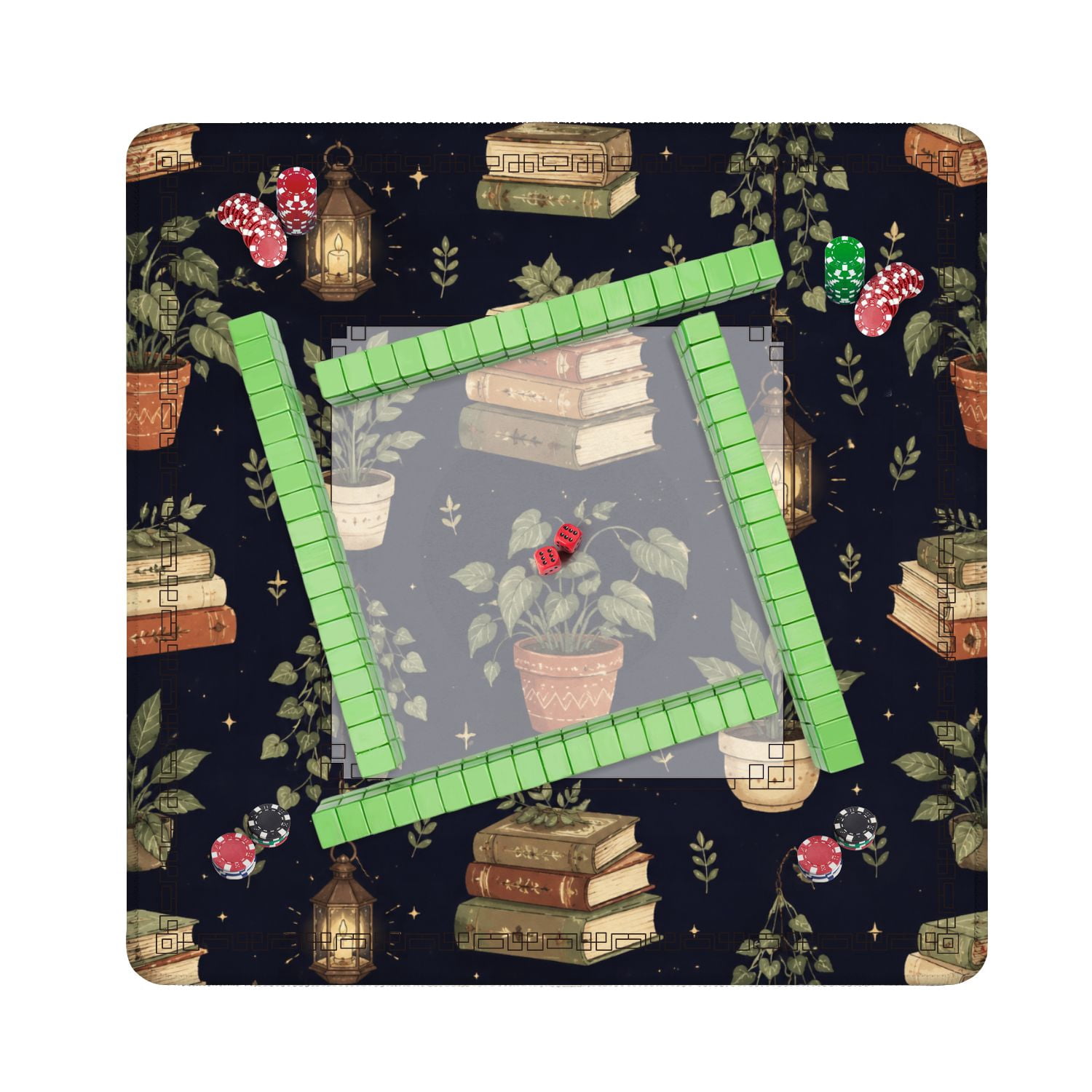 Mahjong Mat 31.5" x 31.5" Vintage Botanical Potted Plants Books Lanterns Dark Non-Slip Noise Reduction American Mahjong Tiles Table Cover for Dominoes Poker Card Board Games Gift