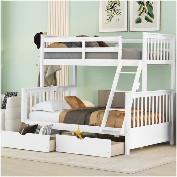 CHAMPFLAG Twin Over Full Bunk Bed with Storage, Convertible Design & Ladder, Solid Wood Frame in White