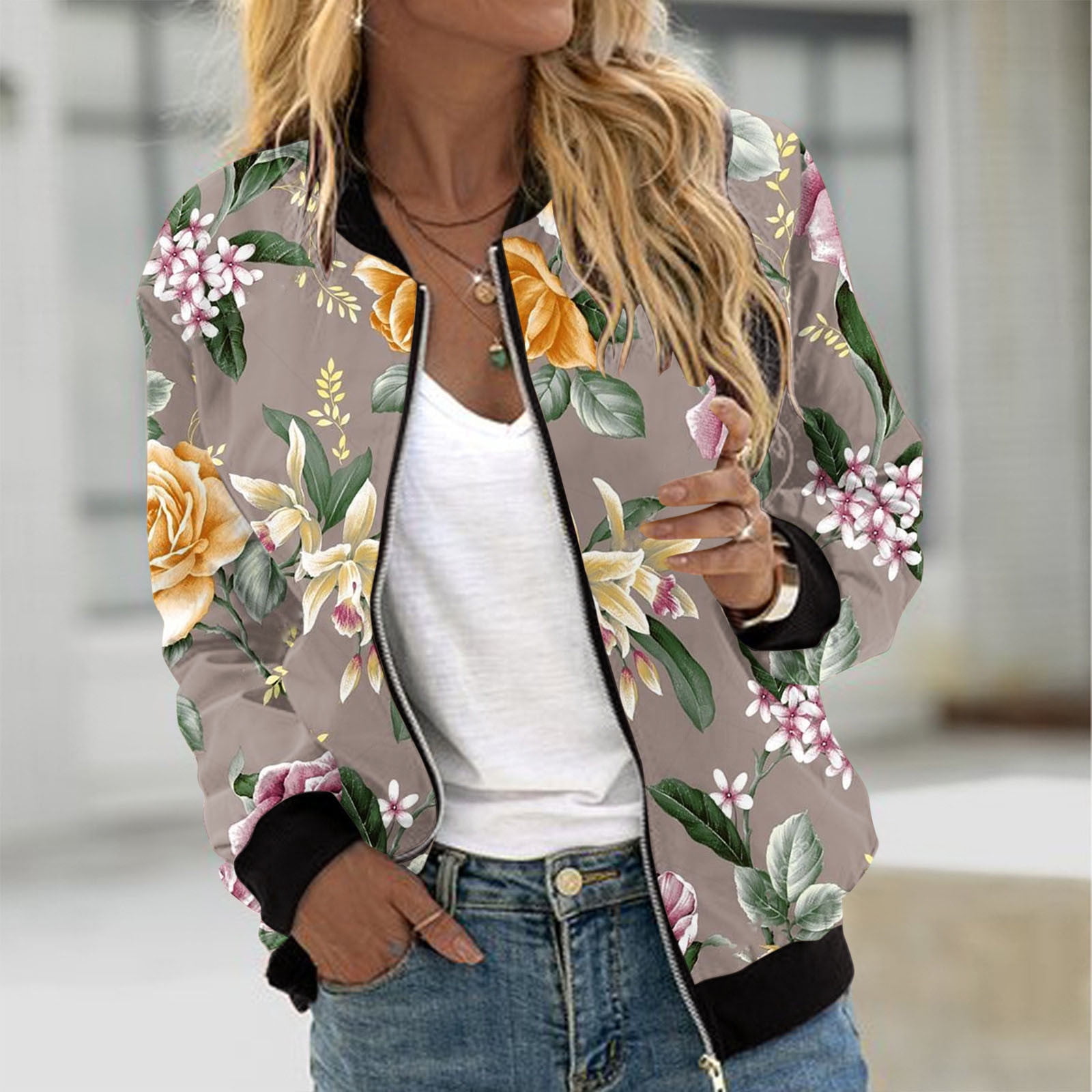 Cropped Bomber Jacket Women Zip Up Long Sleeve Floral Cropped Bomber Jacket Women Zip Up Long Sleeve Floral