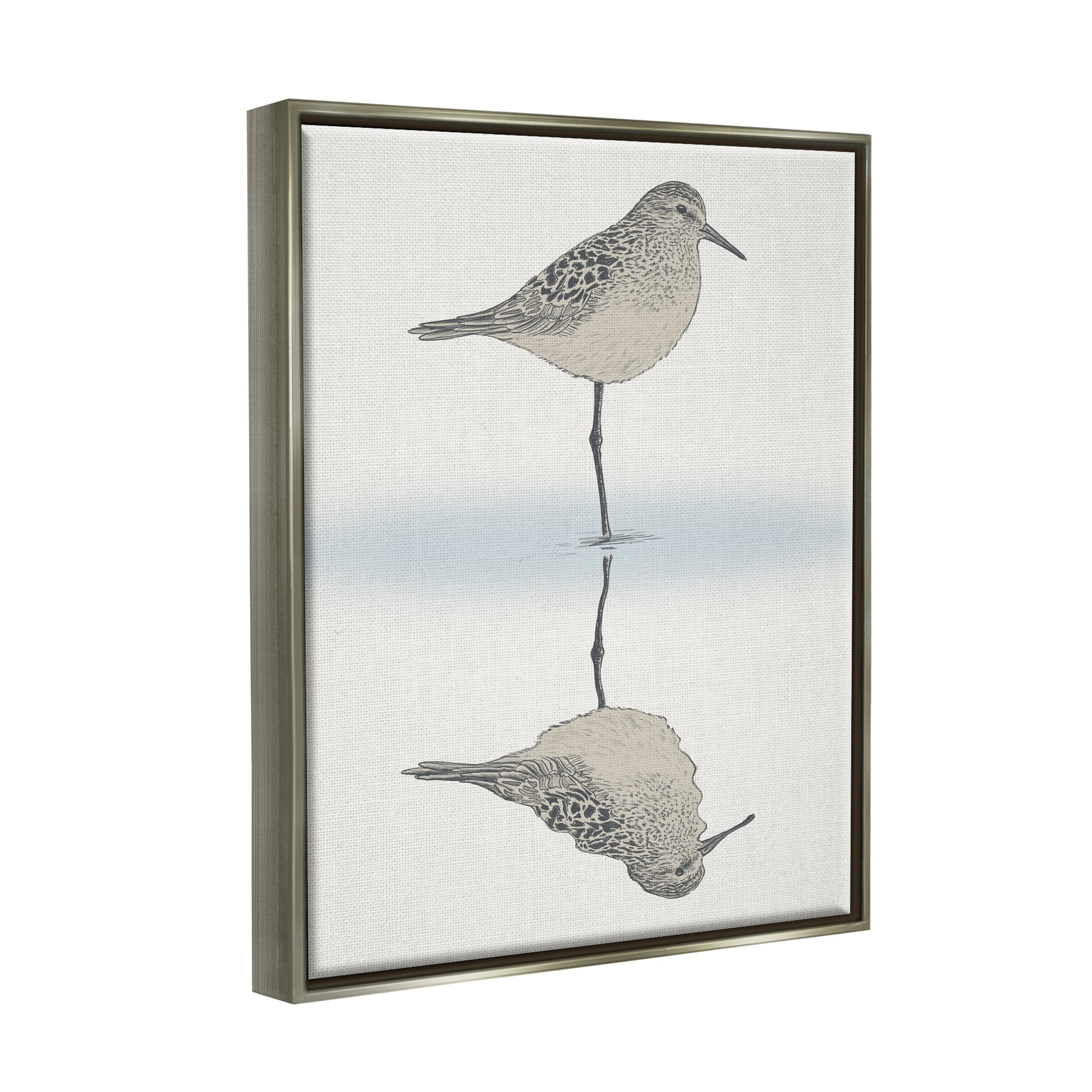 Stupell Industries Soothing Sandpiper Bird Standing Ocean Shoreline Reflection Graphic Art Luster Gray Floating Framed Canvas Print Wall Art, Design by Ziwei Li