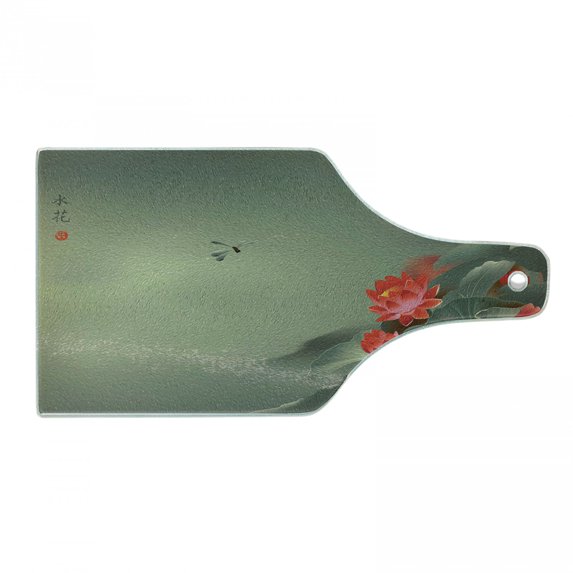Dragonfly Cutting Board, Traditional Japanese Painting Lotus Blooms in Tones Design, Decorative Tempered Glass Cutting and Serving Board, Wine Bottle Shape, Red Reseda Green, by Ambesonne