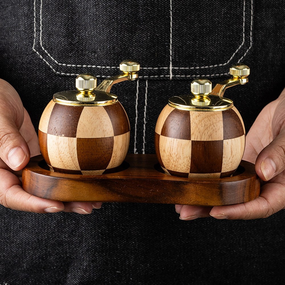 Chessboard Hand Cranked Pepper Grinder Kitchen Solid Wood Seasoning Jar Two Sets+Base