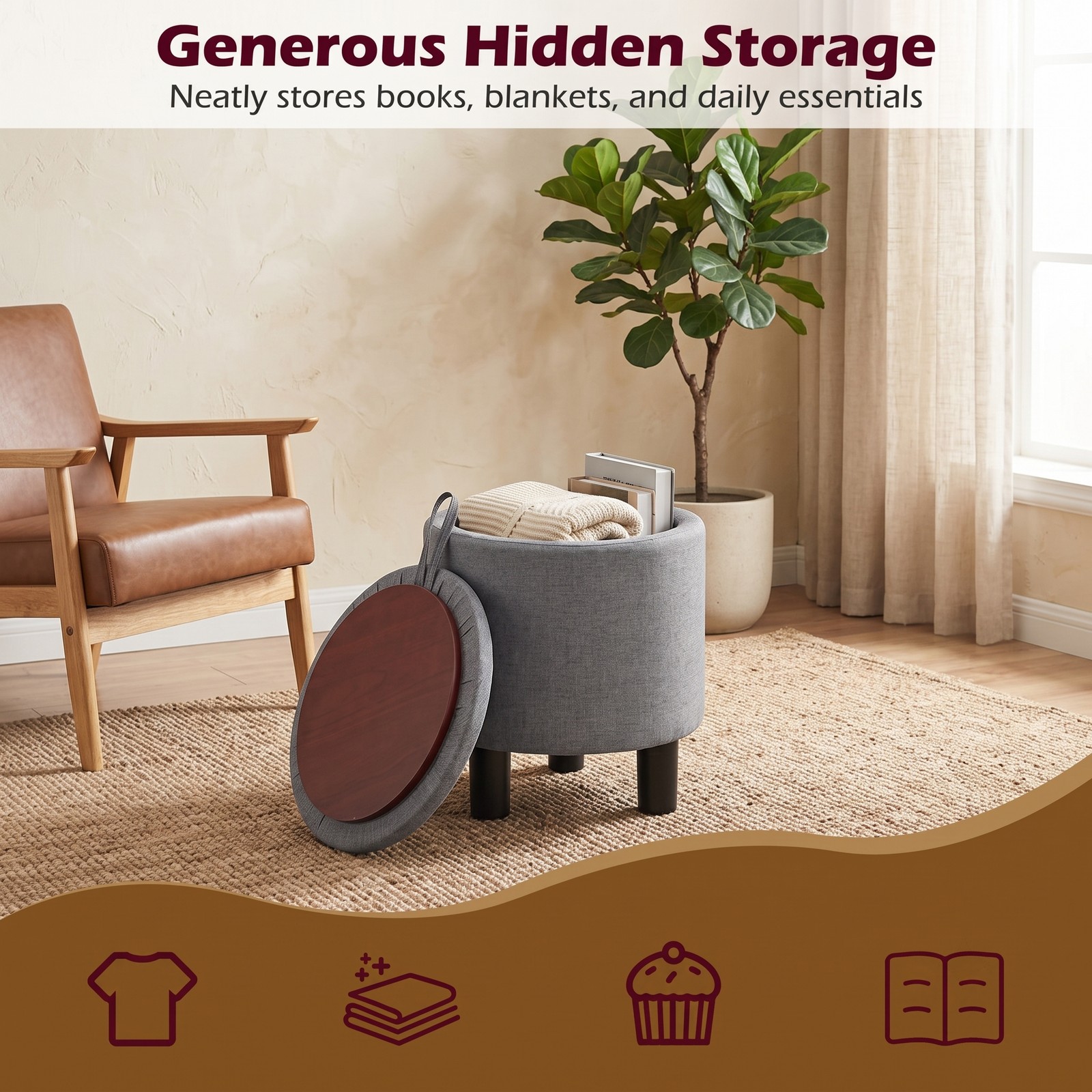 Furnibear Round Storage Ottoman, Linen Fabric Upholstered Footrest Stool with Reversible Lid, Padded Storage Bench Vanity Seat Side Table for Living Room Bedroom, Gray