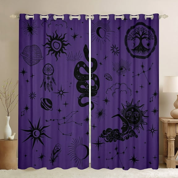 Manfei Cartoon Boho Snake Black Out Curtains for Teen, Vintage Mystic Purple Galaxy Curtains Pack of 2 (42x63 Each), Tribal Animal Bedroom Curtains, Living Room Curtains Decor