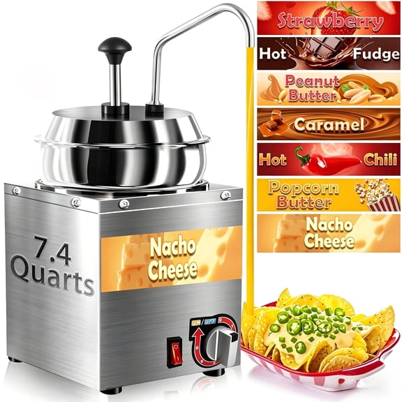 Chantmo Cheese Dispenser with Stainless Steel Pump 7.4 Qt Hot Fudge Warmer 6 Level Temperature Adjustment Commercial Sauce Heater for Butter Cheese Caramel Syrup