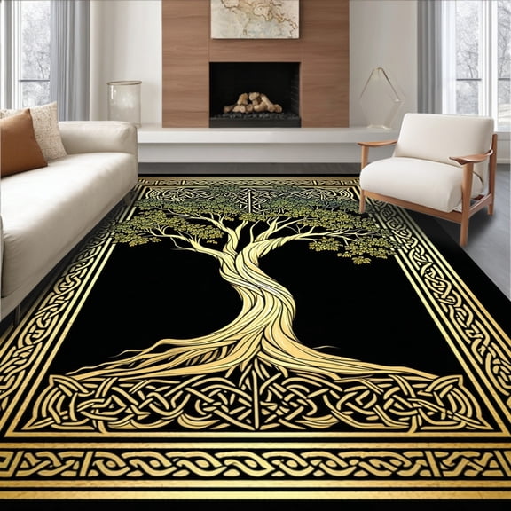 Flatwoven High Traffic Area Rug, Celtic Inspired Earthy Aesthetic, Non Slip, Stain Resistant, Washable Area Rugs for Living Room, Bedroom(Gold, 4X6)