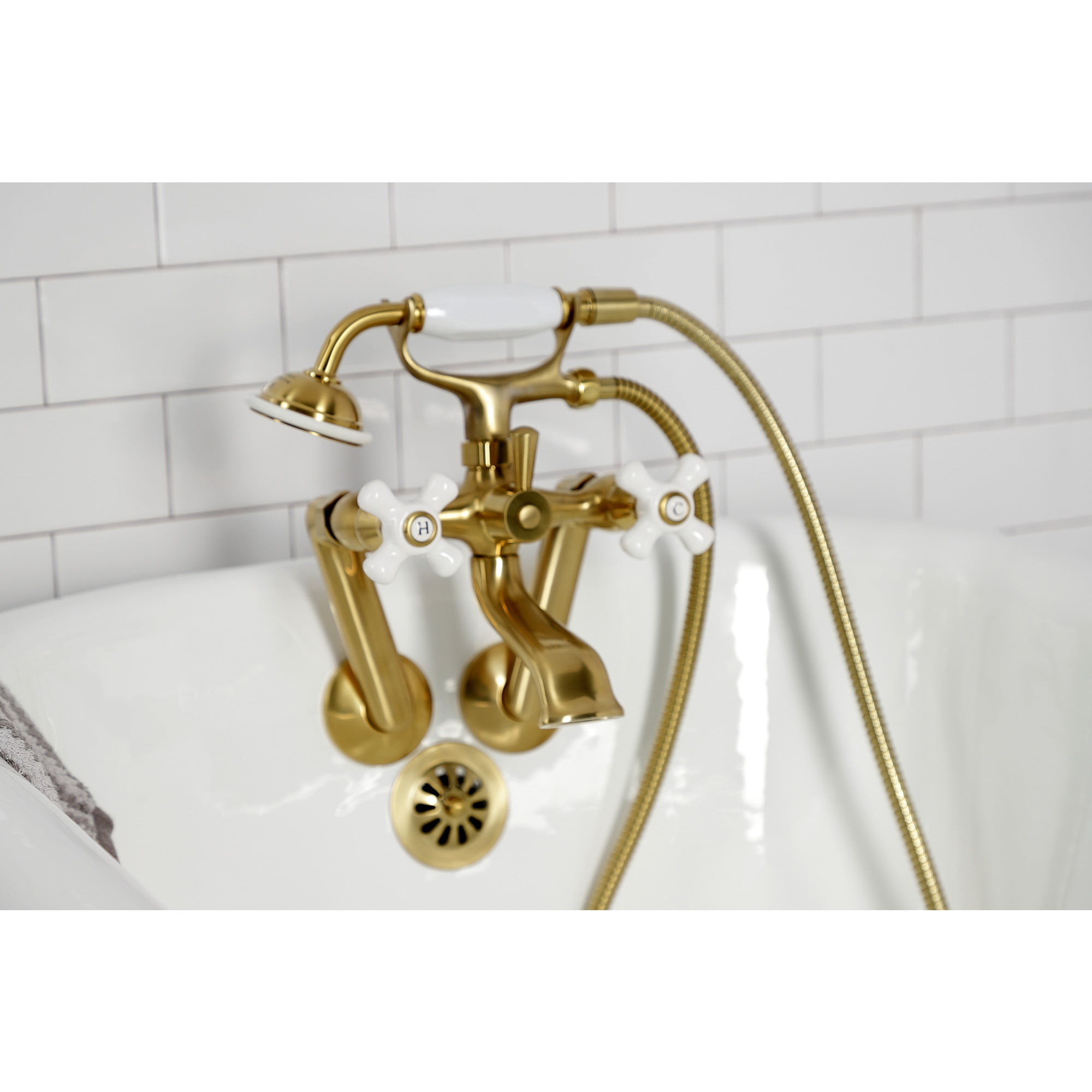 Kingston Brass KS269PXSB Kingston Three-Handle 2-Hole Tub Wall Mount Clawfoot Tub Faucet with Hand Shower in Brushed Brass
