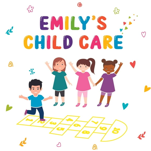 DAYCARE - Vinyl Adhesive Kids Playroom Daycare Multicolored Decoration Children Playing Hopscotch Design Wall Decal - Removable Personalized Name Multicolored Lettering Art Wall Sticker 20" x 20"