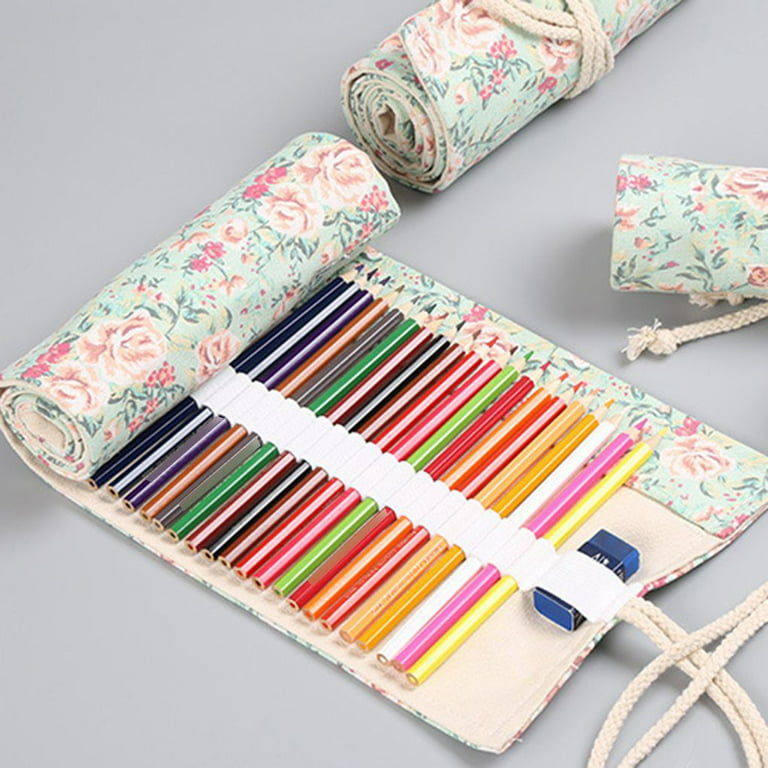 Thinsont Flowers Pattern Roll Up Canvas Paint Brush Case Pencil Bag Drawing  Pen Pouch Storage 12-72 Holes 4 20*58cm 