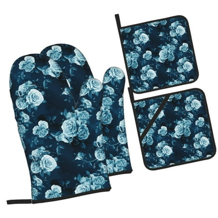 

Tebeau Ink Rose Print 4 Pcs Oven Mitts and Pot Holders 500°F High Heat Resistant Kitchen Oven Mitts with Pot holders Long Oven Mitts for Baking and Cooking