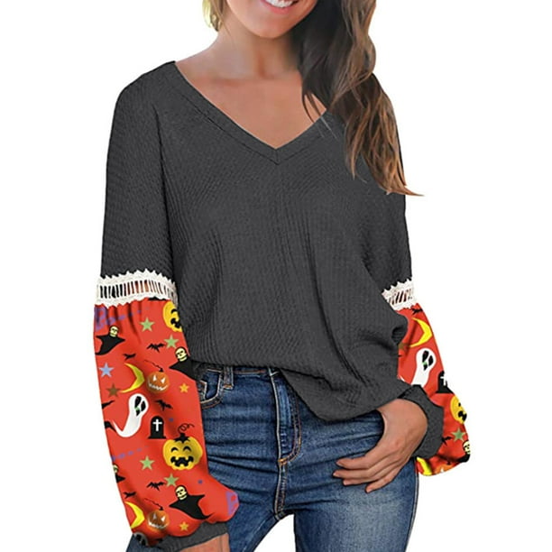 Carolilly Women Halloween Print T Shirt Autumn And Winter Long Sleeve V Neck Waffle Patchwork Pullover Walmart Com Walmart Com