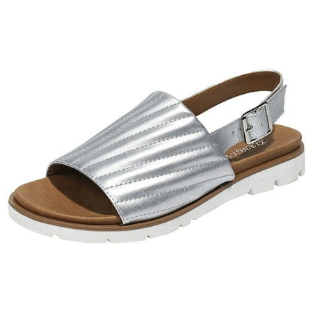 

Blphud Trendy Sandals for Women 2024 Women Sandals Wedge Women Sandals Fashion New Pattern Solid Color Flat Bottom Casual Non Slip Comfortable Buckle Strap Shoes Sandals Silver 42