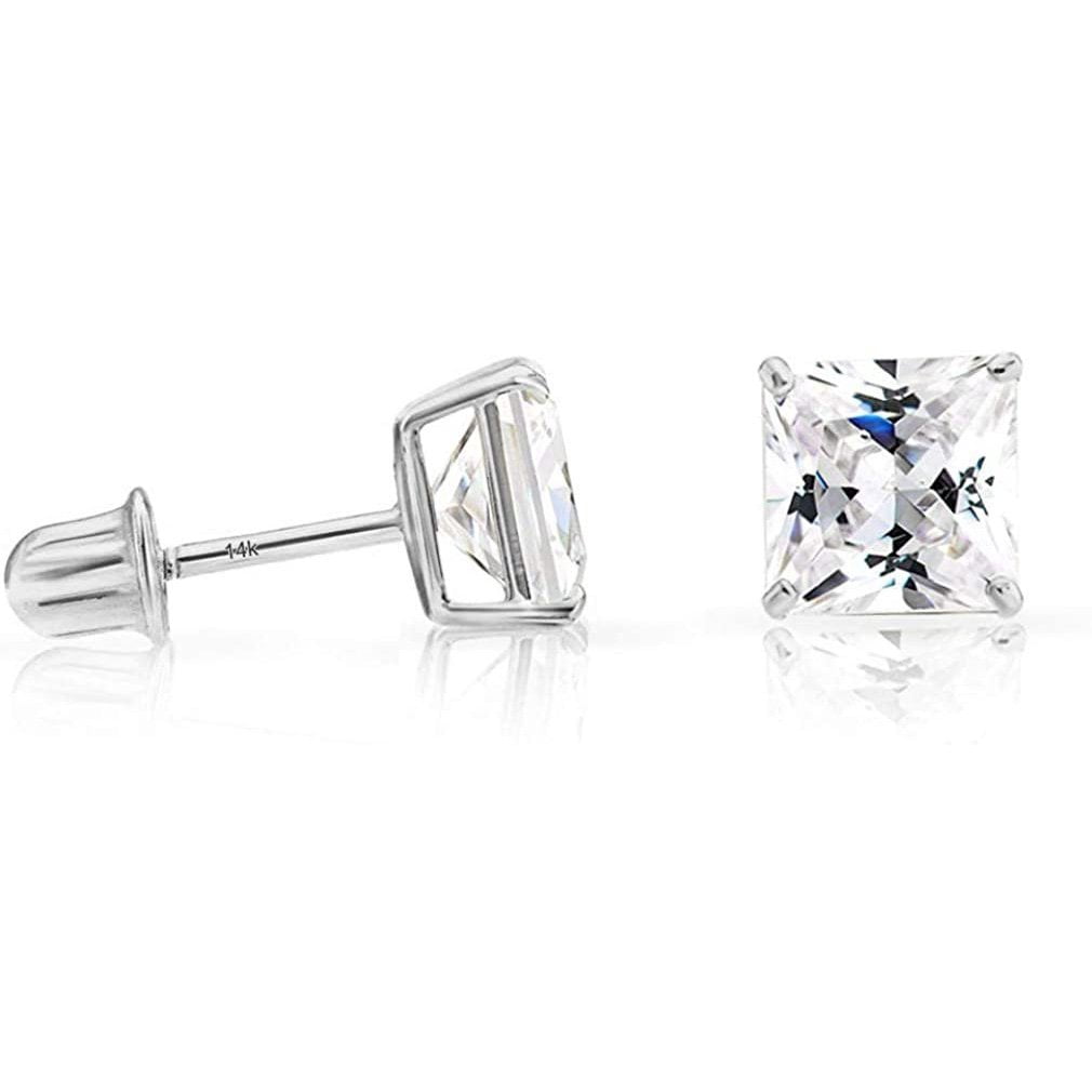 14k White Gold 5mm Cubic Zirconia Princess-cut Square Stud Earrings with Screw Backs