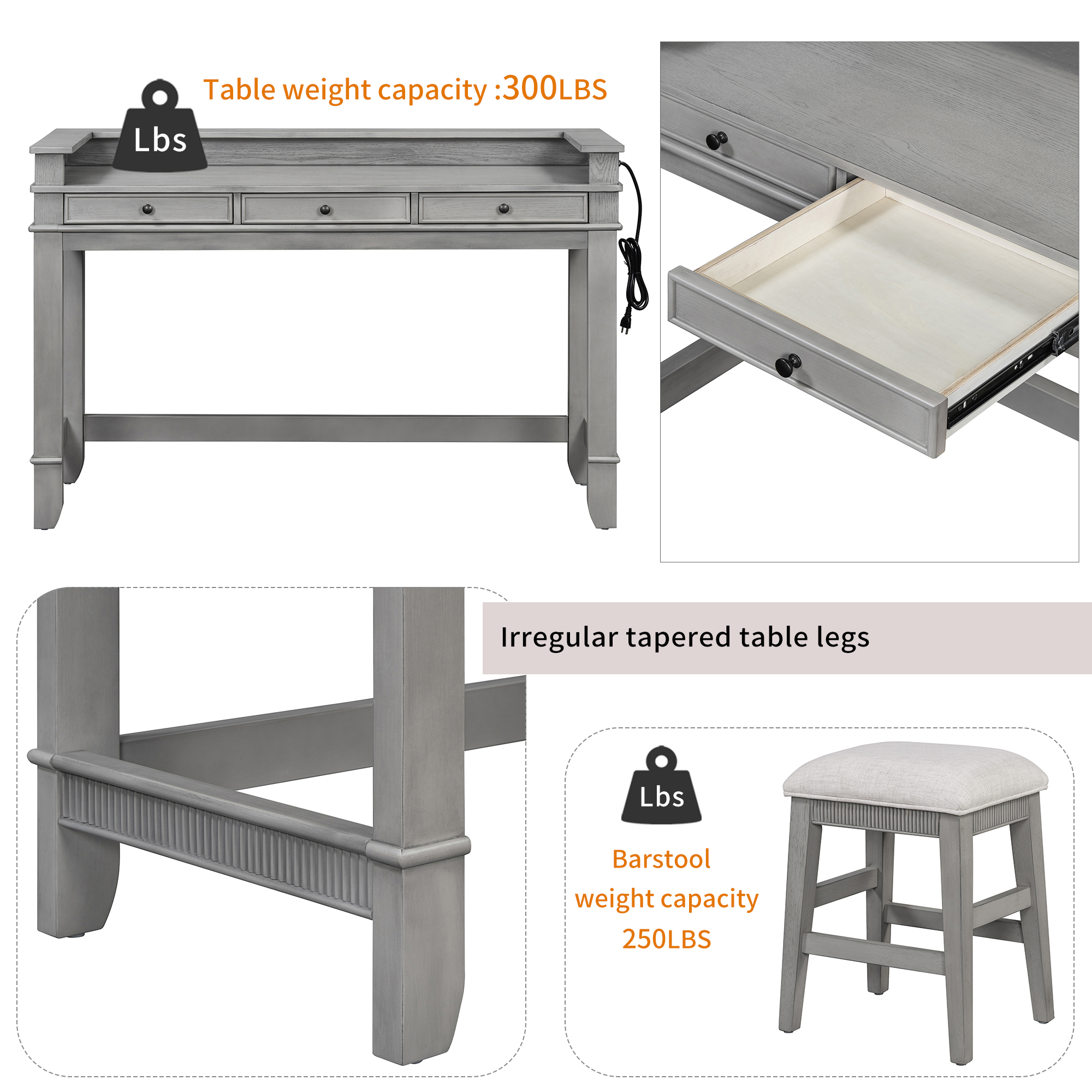 Euroco 4-Piece Kitchen Bar Table and Chairs Set for 3,Retro Dining Room Set with Power Outlet,3 Drawers & 3 Stools for Small Spaces,Light Grey