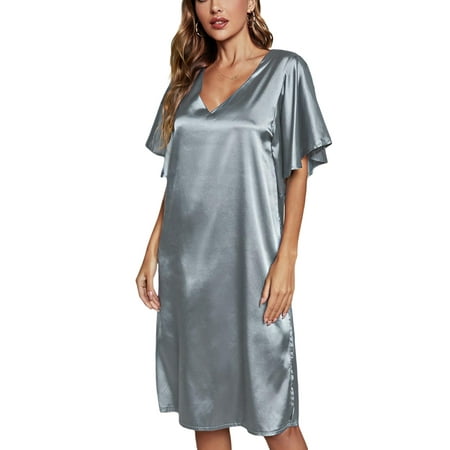

Aunavey Women s Satin Nightgown Short Sleeve Silk Sleepwear V Neck Sleep Shirt Boyfriend Loose Nightshirt