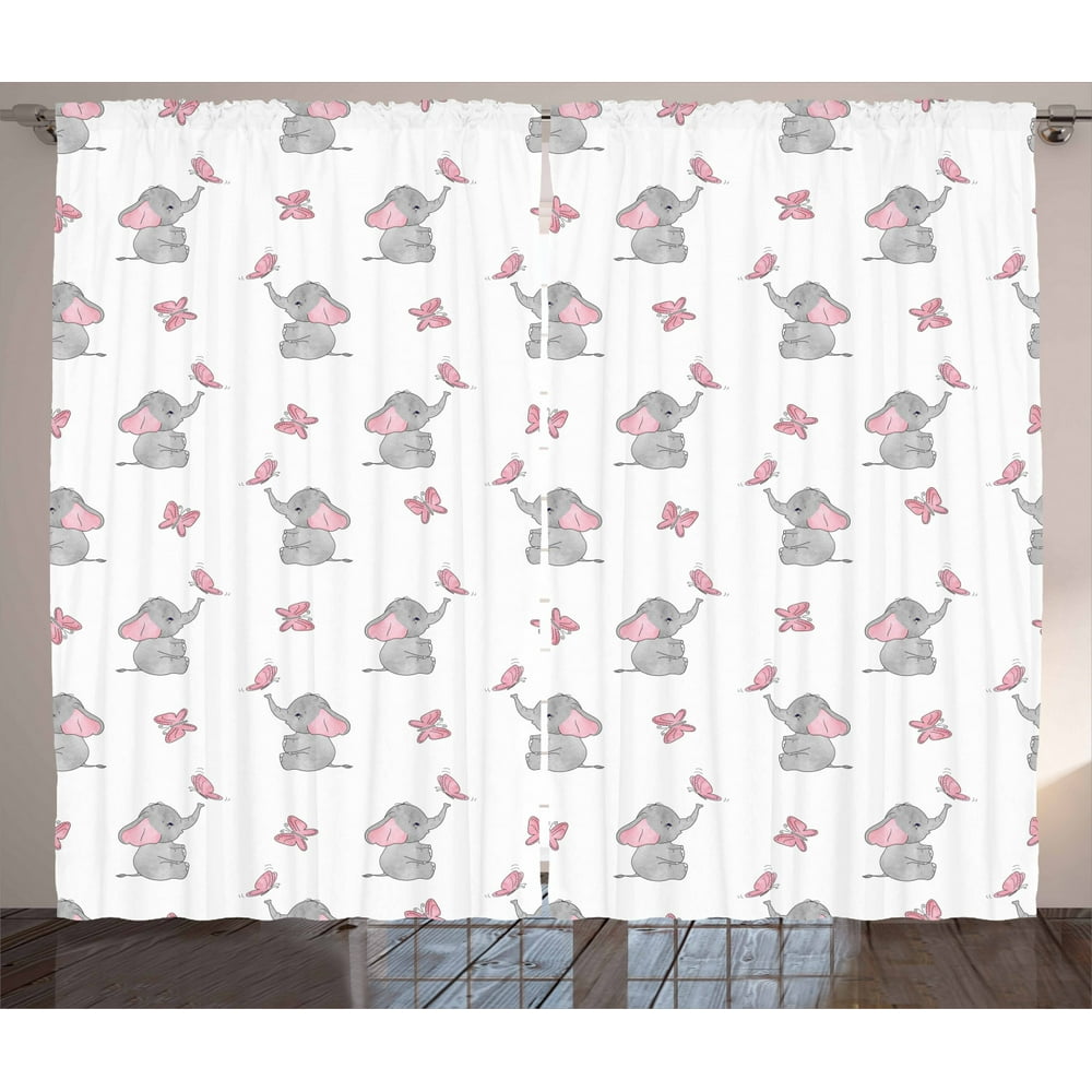 Elephant Nursery Curtains 2 Panels Set, Baby Elephants Playing with
