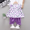thumbnail image 5 of Caqnni Toddler Baby Girl Summer Clothes Cute Cotton Linen Outfits Bow Short Sleeve Shirts Tops + Ruffle Shorts 2 Piece Set 2Pcs Summer Playwear Beach Outfits 18-24 Months,Purple, 5 of 6