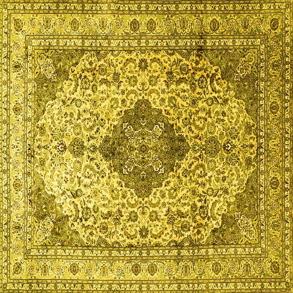 Ahgly Company Machine Washable Indoor Square Medallion Yellow Traditional Area Rugs, 5' Square