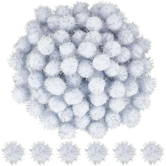 120Pcs Glitter Pom Pom Sparkle Balls Crafts Bulk 25mm White Fibre Soft Fluffy Fuzzy Round Tinsel Ball Glitters Decor Pompoms for Cat DIY Art Crafting Christmas Party Decorations Supplies Gainsboro