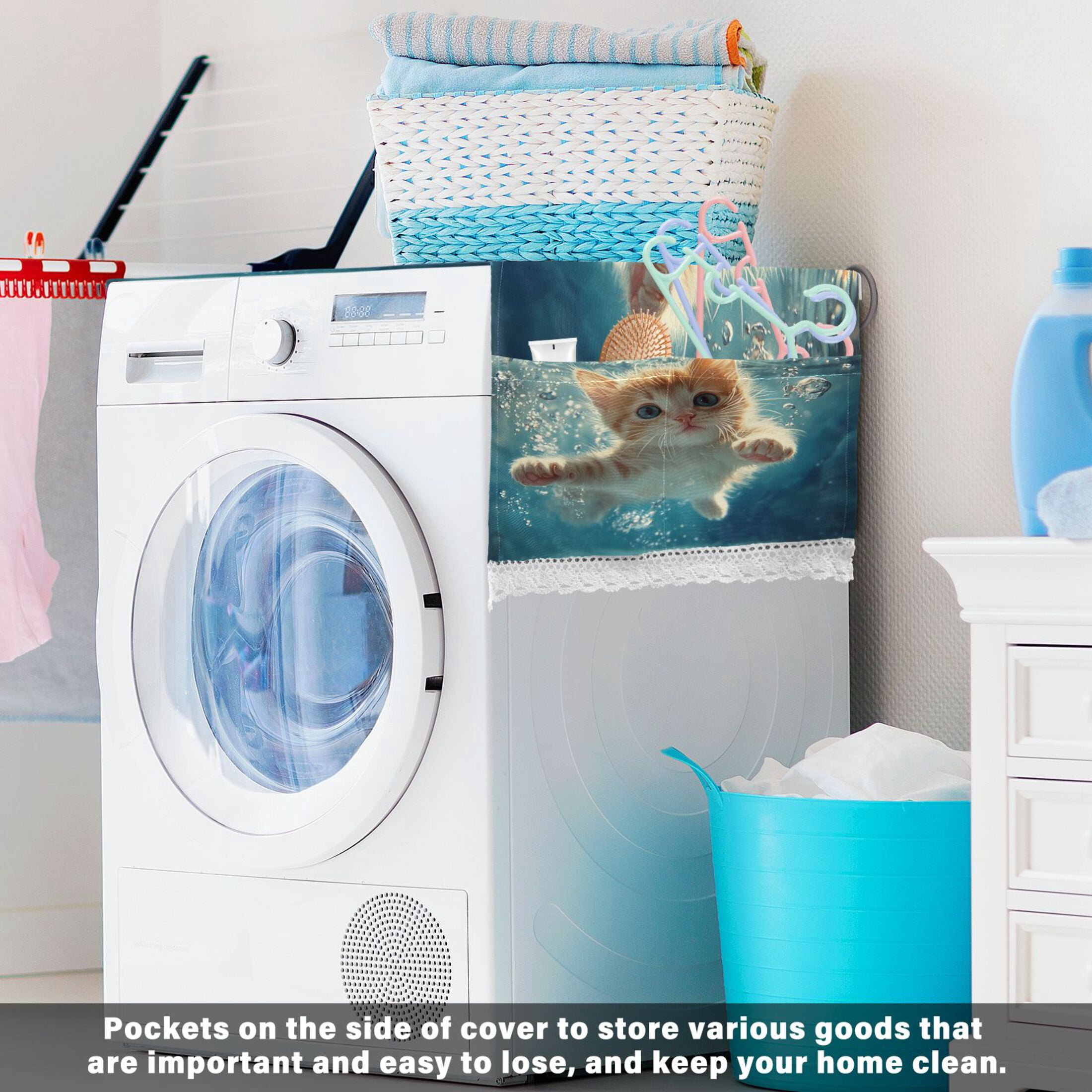 Cute Kitten Swim UnderwaterWasher and Dryer Covers Dust-Proof and Oil Resistant Fridge Cover with 4 Storage Pockets Washing Machine Top Cover for Laundry Kitchen Home 51.2 x 22 In