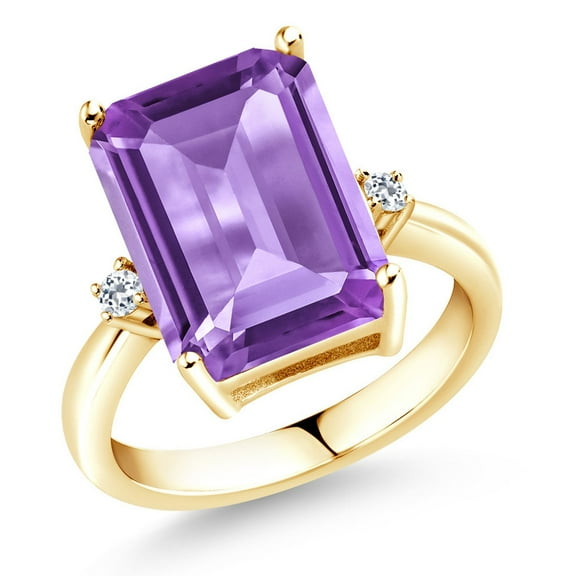 Gem Stone King 18K Yellow Gold Plated Silver Purple Amethyst and White Topaz Ring for Women | 7.28 Cttw | Emerald Cut Checkerboard 14x10MM | Gemstone Birthstone | Available in Size 5, 6, 7, 8, 9