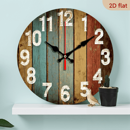 2 D Flat 1 pc 10 Inch Wooden Round Wall Clock Vintage Silent Non Ticking Digital Clock with Teal