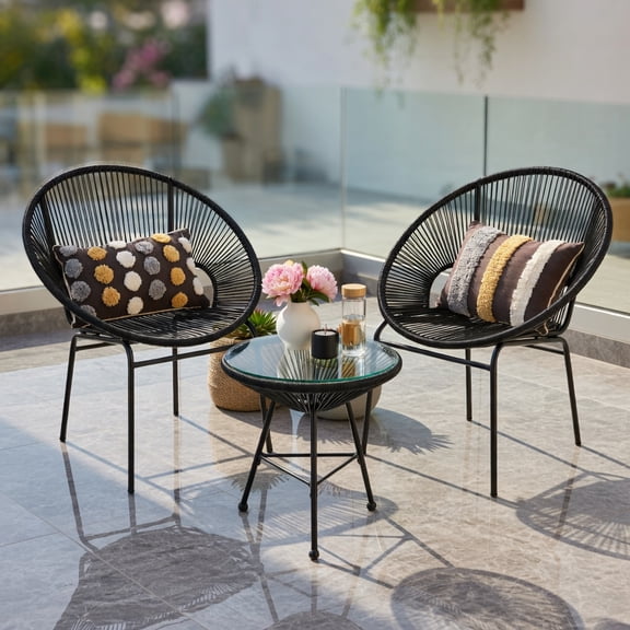 Resenkos 3-Piece Acapulco-Style Outdoor Bistro Set – Black PE Rope Chairs Tempered Glass Table for Patio, Yard & Poolside