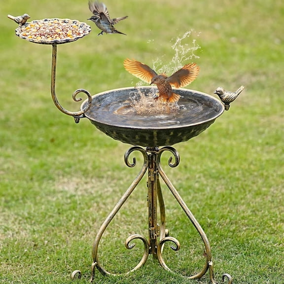 Bird Baths for Outdoors, Free-Standing Bird Bath and Bird Feeder 2-in-1 Design, Metal Bird Bath Stand and Bird Feeder Seed Tray for Garden Yard Decor
