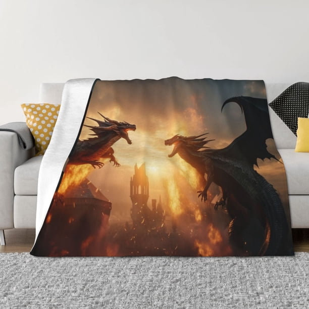 Balery Castle Cool Fire Dragon Manta de Franela con Dibujo, Lujo Ultra Suave y Cálido, Antipelusa y Resistente a las Arrugas para Cama, Sofá, Camping -80"x60"