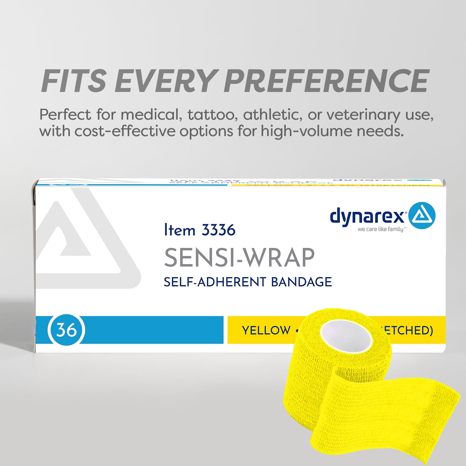 Dynarex Sensi-Wrap Self-Adhesive Bandages, 36-Pack, 2" x 5 yards, Yellow, Latex-Free, Colored Elastic Cohesive Athletic Tape, Tattoo Grip & Vet Wrap