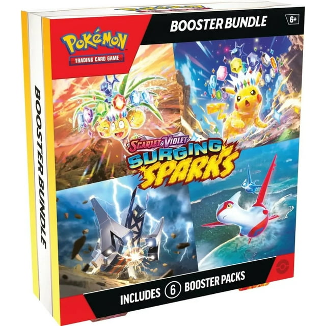 Pokémon - Trading Card Game : Scarlet & Violet - Surging Sparks Ensemble de 6 Paquets Booster Présentant un design de Boîte Multicolore Vif avec Pikachu ex, Alolan Exeggutor ex, Archaludon ex et Latias ex Illustration. Comprend 6 Paquets Booster de l'Extension Scarlet & Violet-Surging Sparks, Mettant en Vedette des Thèmes Pokémon Électriques et dragon. Convient aux 6 Ans et Plus.