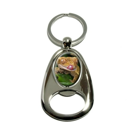 Plated Gecko - Gecko Lizard on Leaf - Reptile Spinning Oval Bottle Opener Keychain