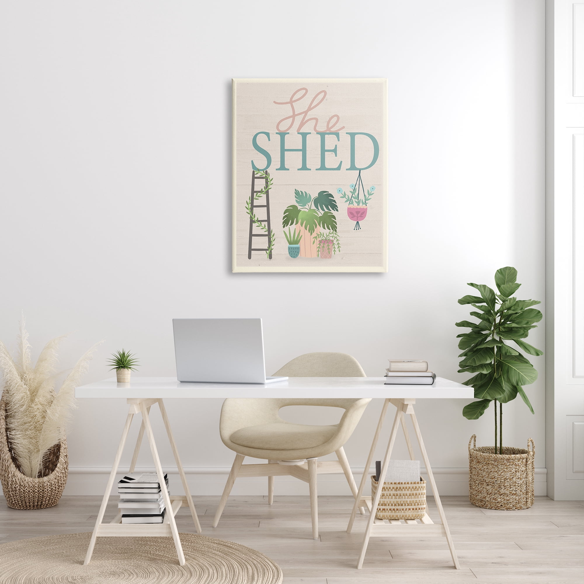 Stupell Industries She Shed Sign Tropical Plants Ladder and Green Vines, 30 x 40, Designed by Louise Allen