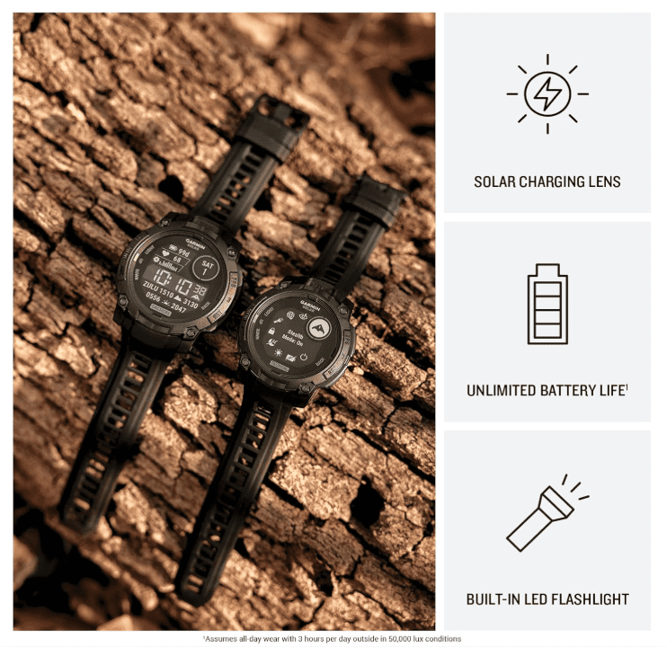 Garmin Instinct 3 Tactical Edition, Solar Charging Display, 50mm, Rugged Outdoor GPS Smartwatch with Wearable4U White EarBuds Bundle