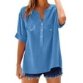 thumbnail image 5 of Ohufall Cotton Linen Shirts for Women Casual Button V-Neck Pullover Shirts Short Sleeve Lightweight Solid Tops, 5 of 7