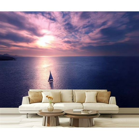 Peel and Stick Wallpaper Romantic frame yacht floating away into distance towards rays Modern Art Wall Mural Decor Self Adhesive and Removable 69in x 98in