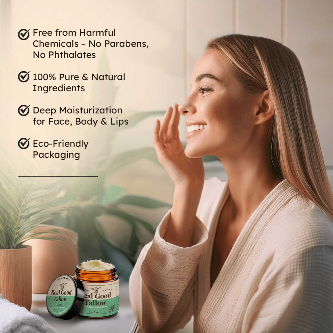 Real Good Tallow and Honey Balm - 100% Grass Fed & Finished Beef Tallow Face Moisturizer with Manuka Honey, Olive Oil & Calendula - 4 oz - Lotion for Real Good Skin  Made in USA