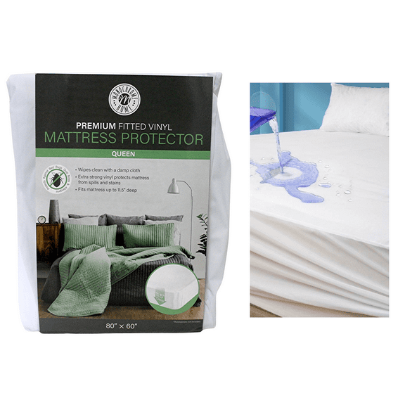 Premium Fitted Vinyl Queen Size Mattress Protector - Waterproof, Stain & Spill Protection, Fits Mattresses Up to 11.5" Deep, 80"x60"
