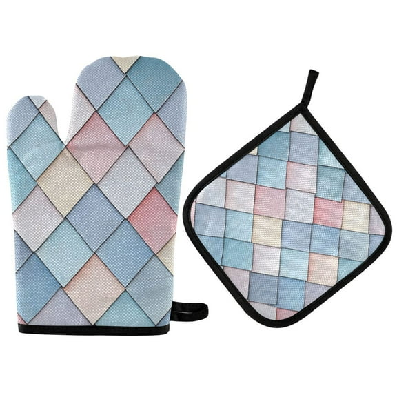Yayeee Oven Mitts and Pot Holder Set of 2 Heat Resistant Kitchen Gloves Baking Hot Pad, Beige Art Pattern