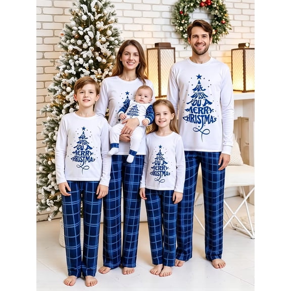 AIGUR Family Matching Christmas Pajamas Set Letter Tree Print Holiday Pajamas Plaid Sleepwear Dad Mom Kids PJs