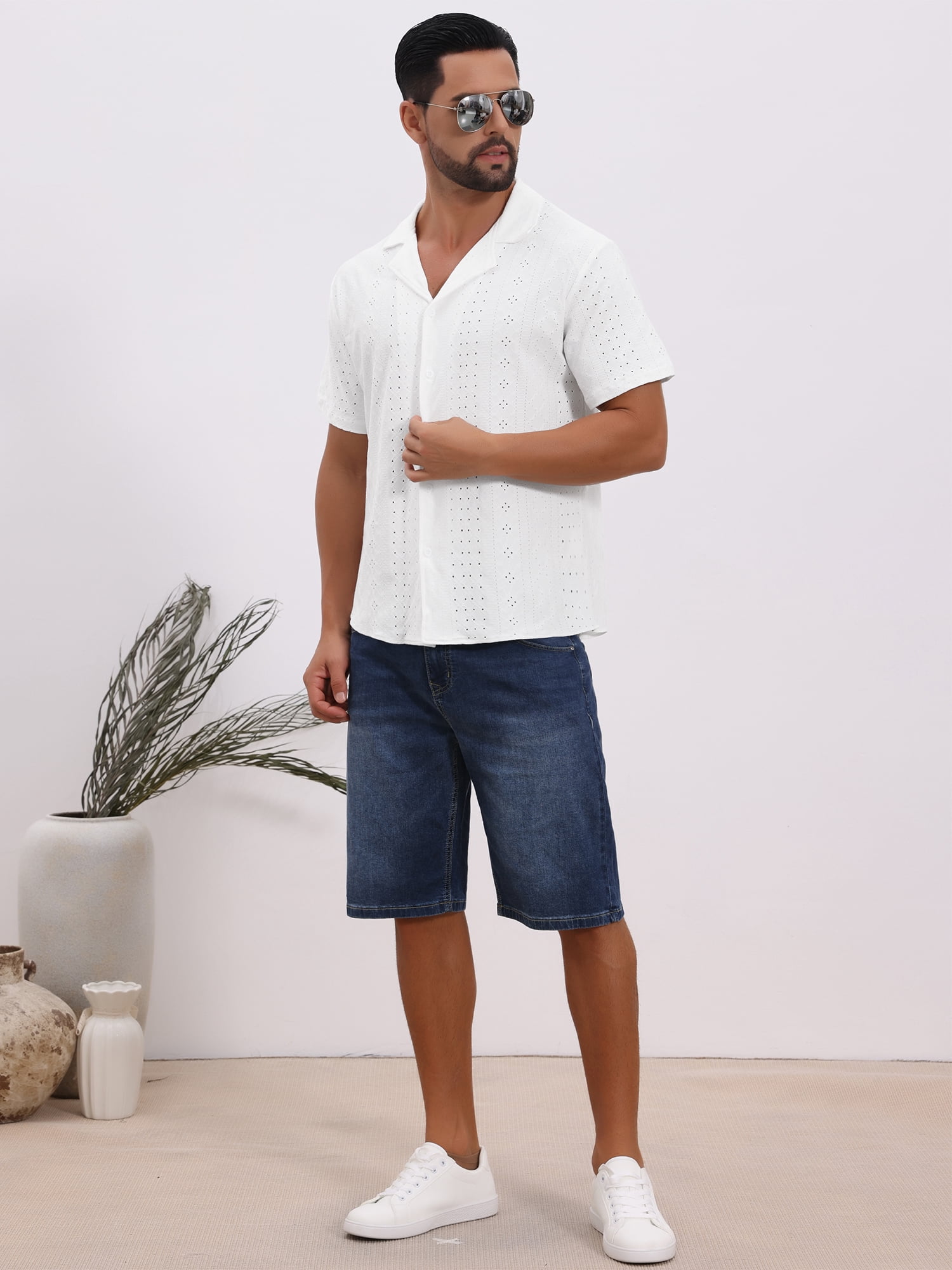 DARING DIVA Men's Hollow Texture Knit Short Sleeve Camp Collar Shirt M White