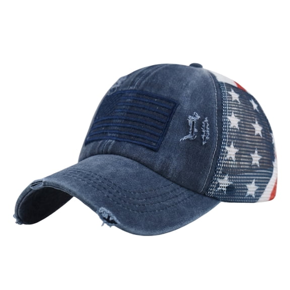 American Flag Embroidered Mesh Baseball Cap for Women, 4th of July Independence Day Washed Distressed Cotton Ponytail Hat Breathable Trucker Cap for Outdoor Travel Summer Wear