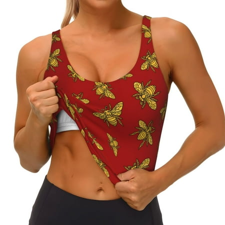 Qokaie Hohey Bee Golden Pattern Womens Scoop Neck Sports Bra Breathable Workout Vest Padded U Back Medium Impact Fitness Gym Yoga Bra Workout Crop Top